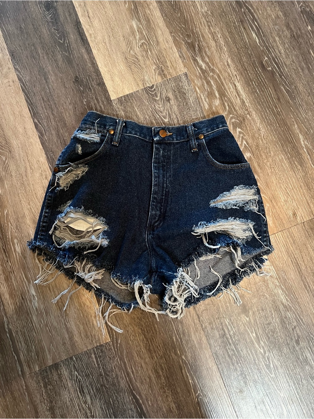 Wrangler Distressed Dark Blue Denim Cutoff Shorts